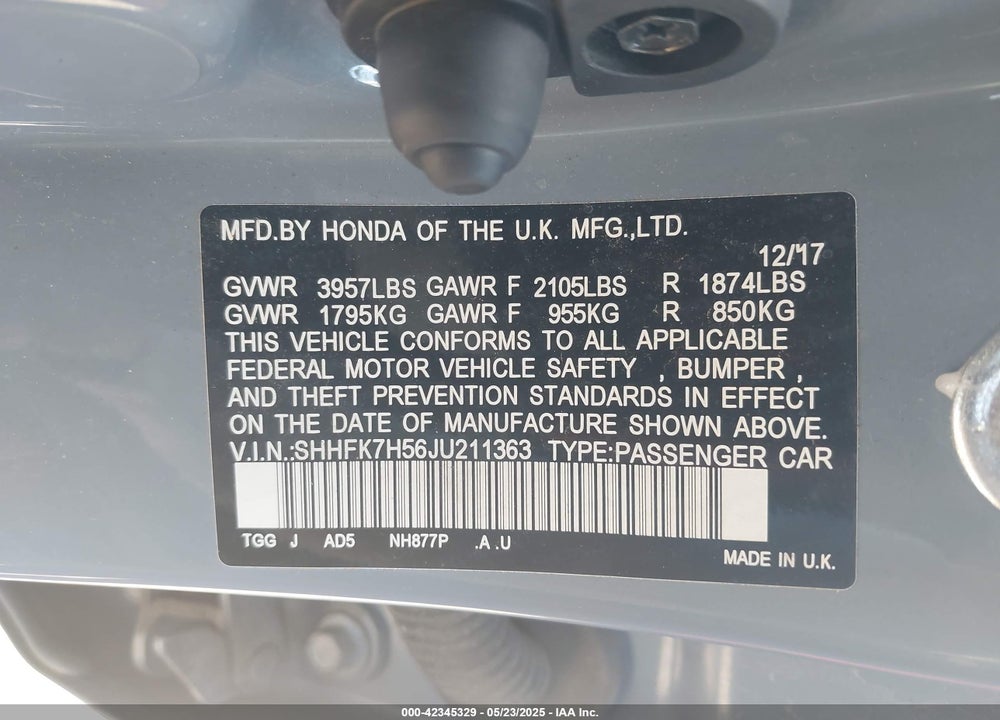 2018 HONDA CIVIC VIN: SHHFK7H56JU211363