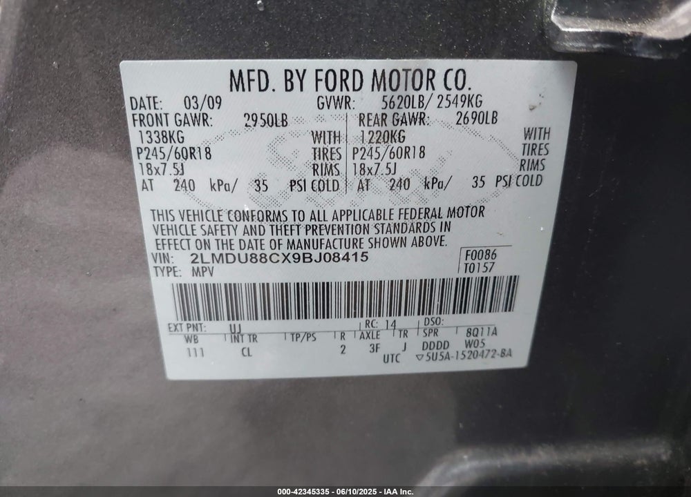 2009 LINCOLN MKX VIN: 2LMDU88CX9BJ08415