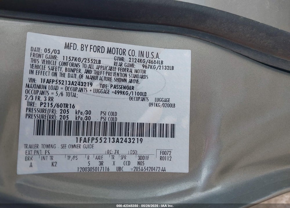 2003 FORD TAURUS SES VIN: 1FAFP55213A243219