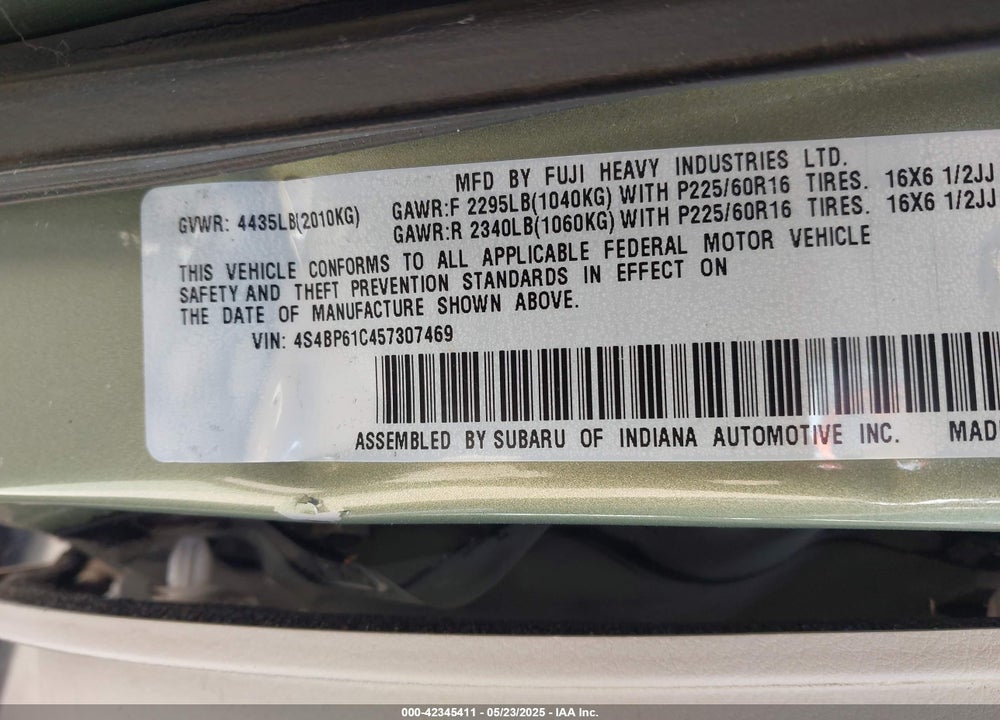 2005 SUBARU OUTBACK VIN: 4S4BP61C457307469
