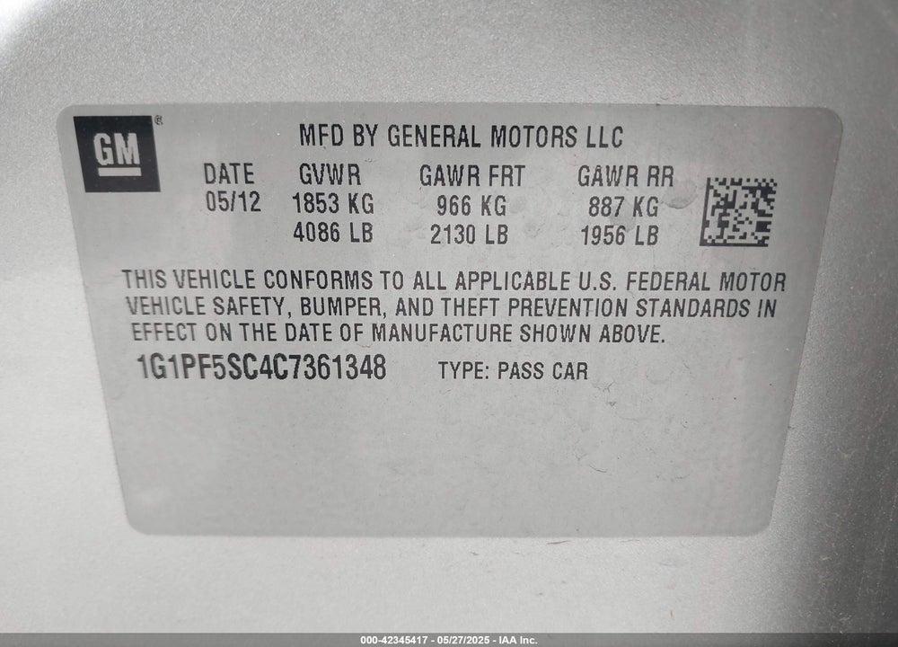 2012 CHEVROLET CRUZE VIN: 1G1PF5SC4C7361348