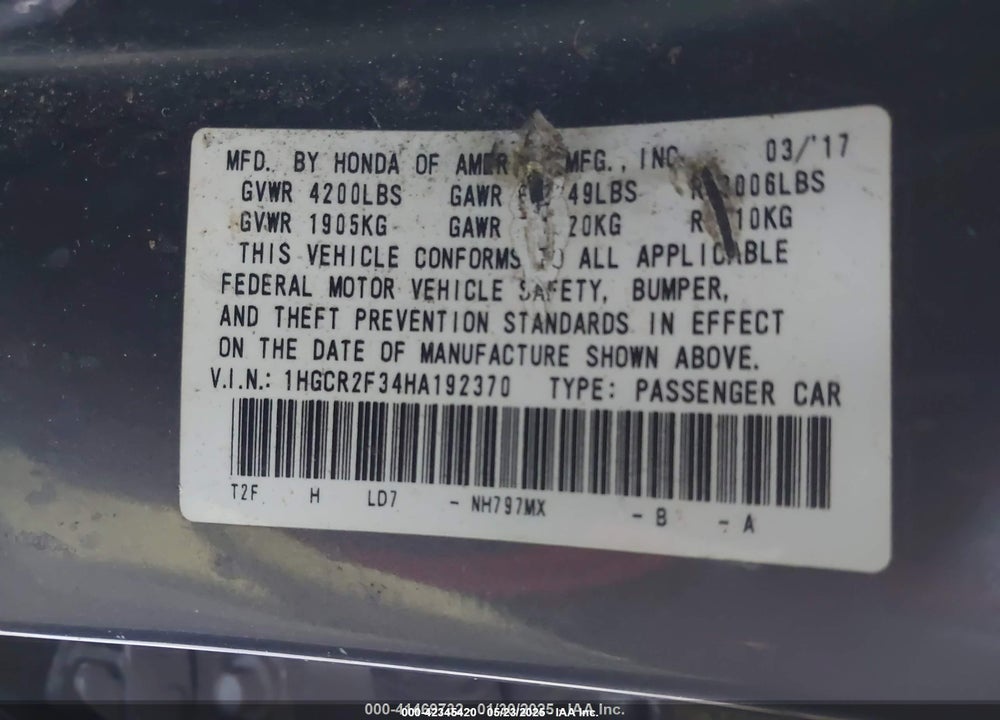 2017 HONDA ACCORD VIN: 1HGCR2F34HA192370