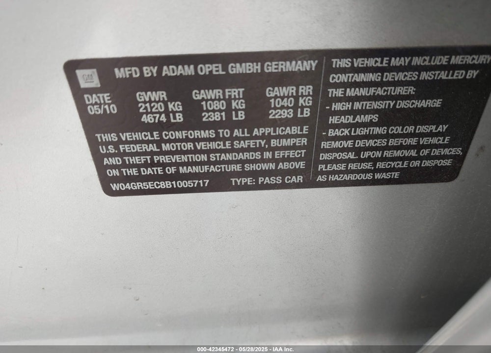 2011 BUICK REGAL CXL RUSSELSHEIM VIN: W04GR5EC8B1005717
