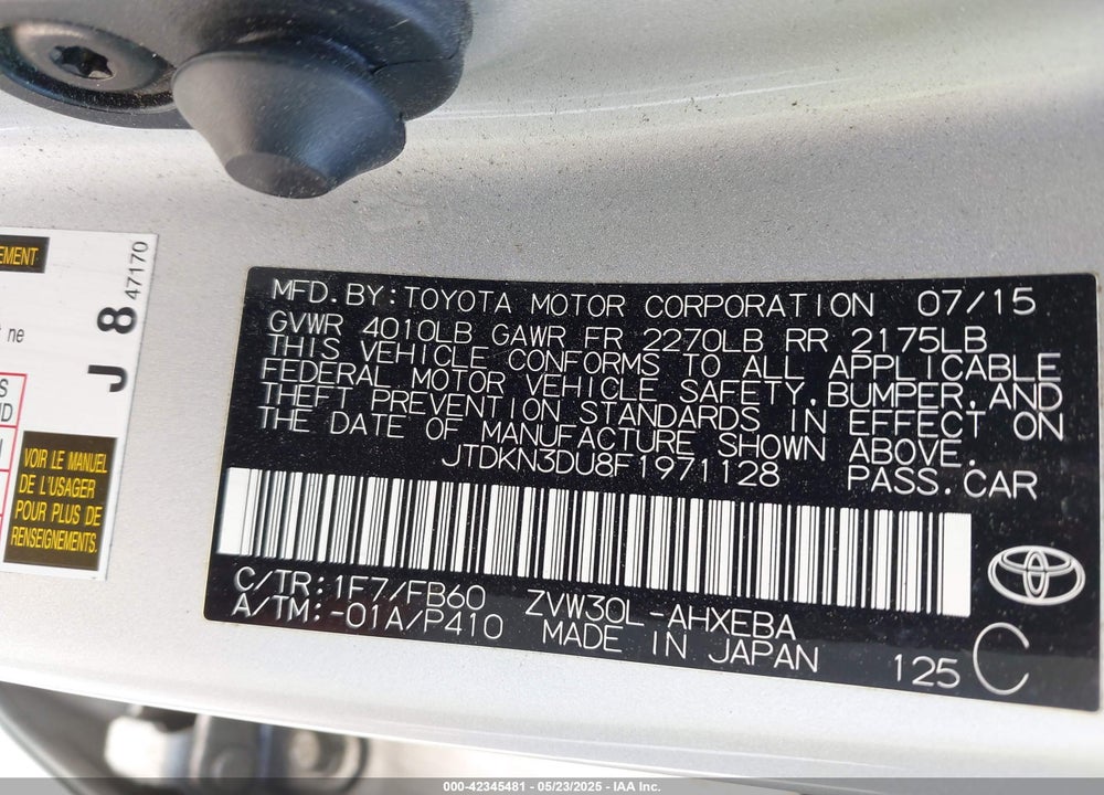 2015 TOYOTA PRIUS FIVE/FOUR/PERSONA SERIES SPECIAL EDITION/THREE/TWO VIN: JTDKN3DU8F1971128