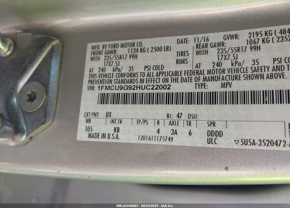 2017 FORD ESCAPE VIN: 1FMCU9G92HUC22002
