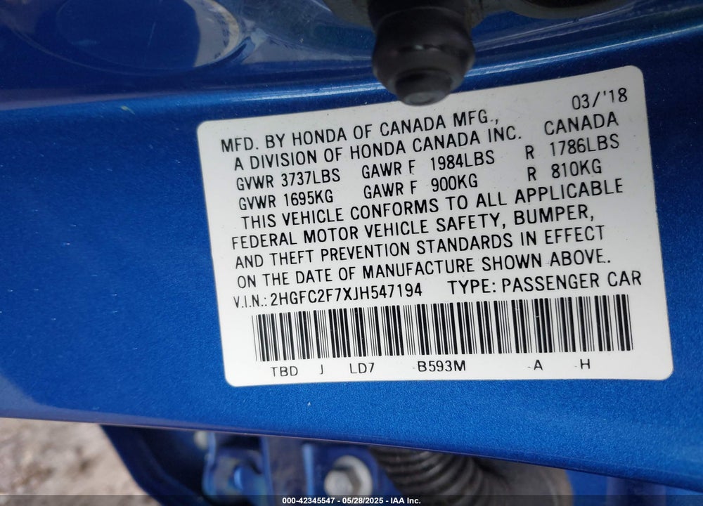 2018 HONDA CIVIC EX VIN: 2HGFC2F7XJH547194