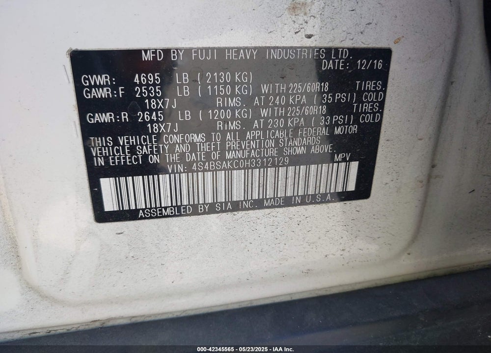 2017 SUBARU OUTBACK VIN: 4S4BSAKC0H3312129