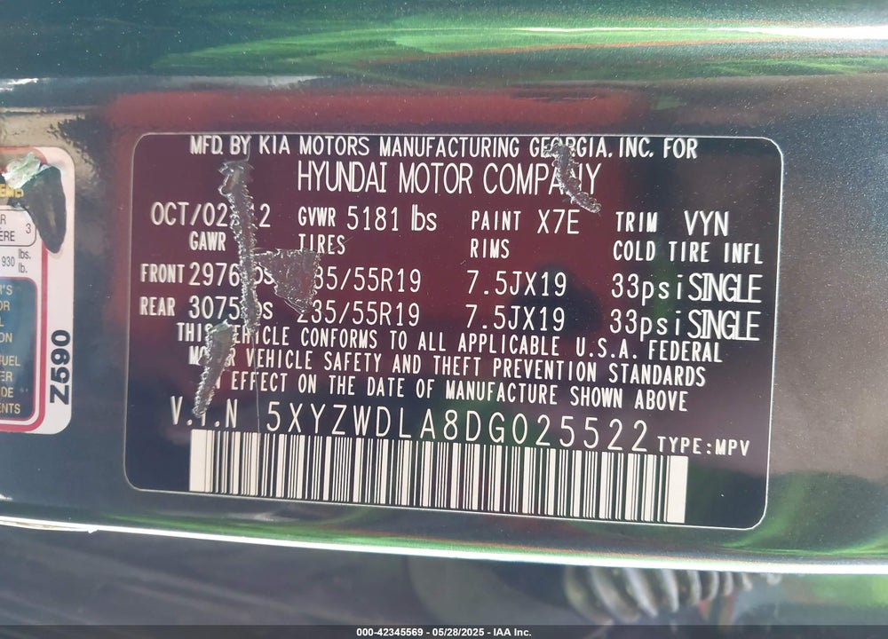 2013 HYUNDAI SANTA FE VIN: 5XYZWDLA8DG025522