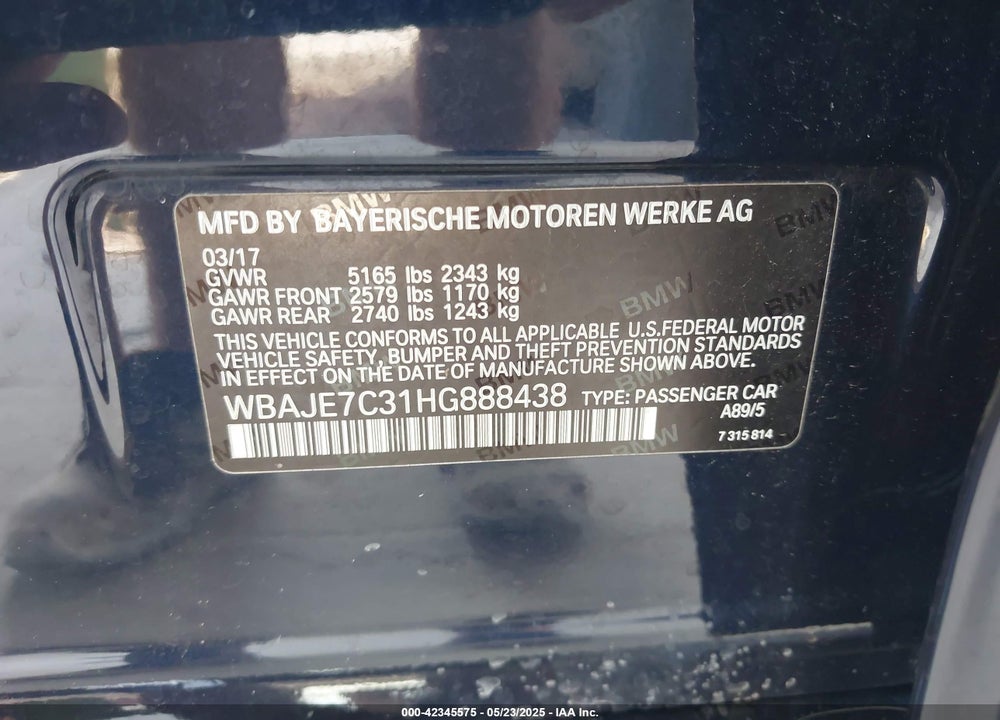 2017 BMW 540I XDRIVE VIN: WBAJE7C31HG888438