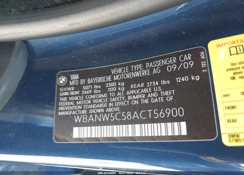 2010 BMW 5 SERIES VIN: WBANW5C58ACT56900