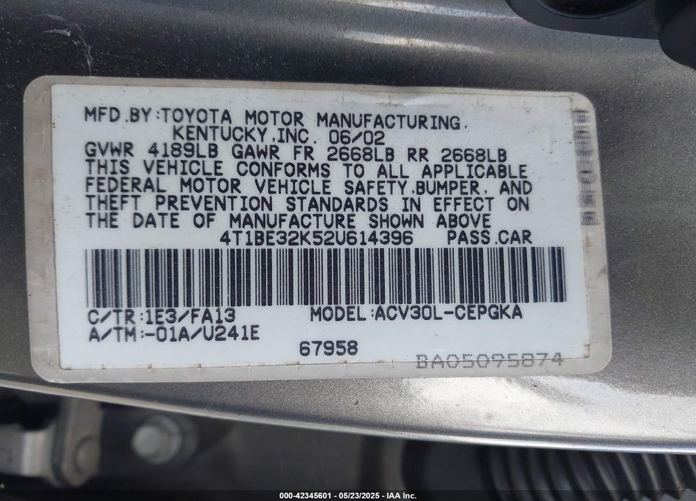2002 TOYOTA CAMRY LE/SE/XLE VIN: 4T1BE32K52U614396