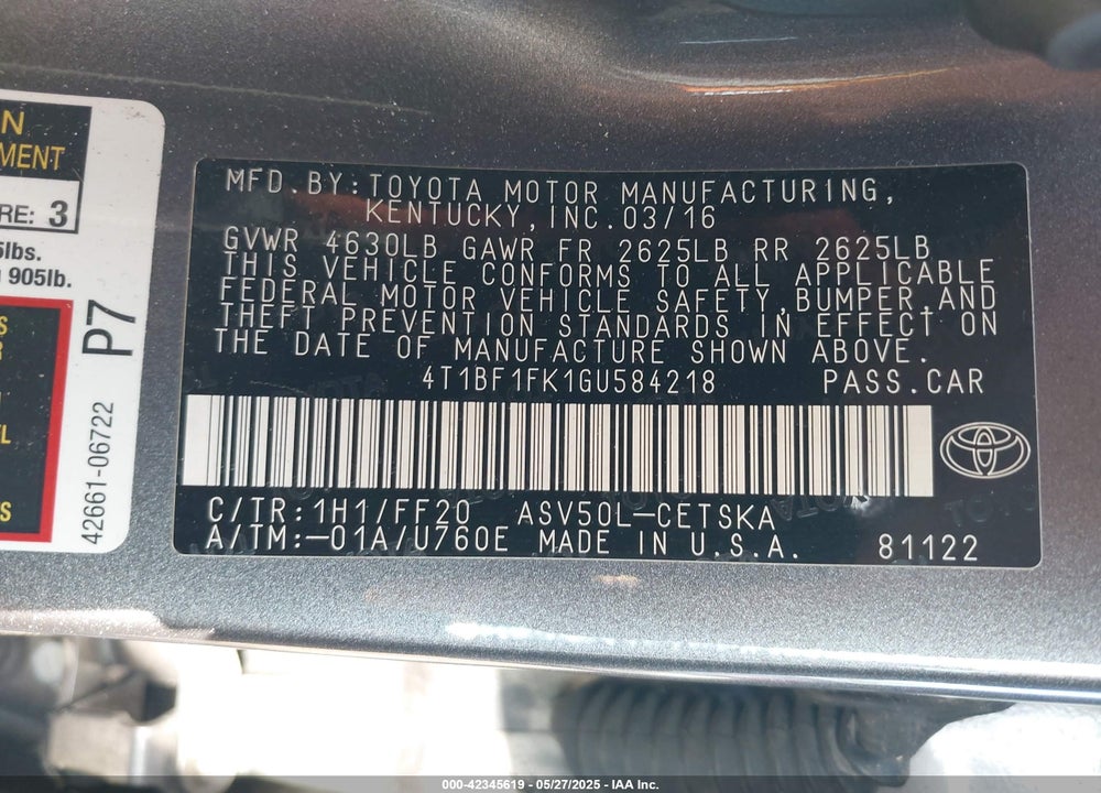 2016 TOYOTA CAMRY VIN: 4T1BF1FK1GU584218