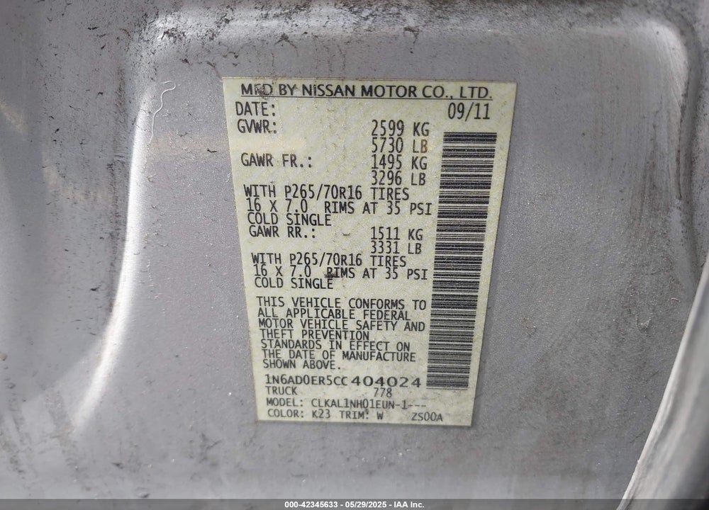 2012 NISSAN FRONTIER S VIN: 1N6AD0ER5CC404024