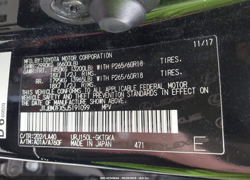 2018 LEXUS GX460 VIN: JTJBM7FX5J5191099