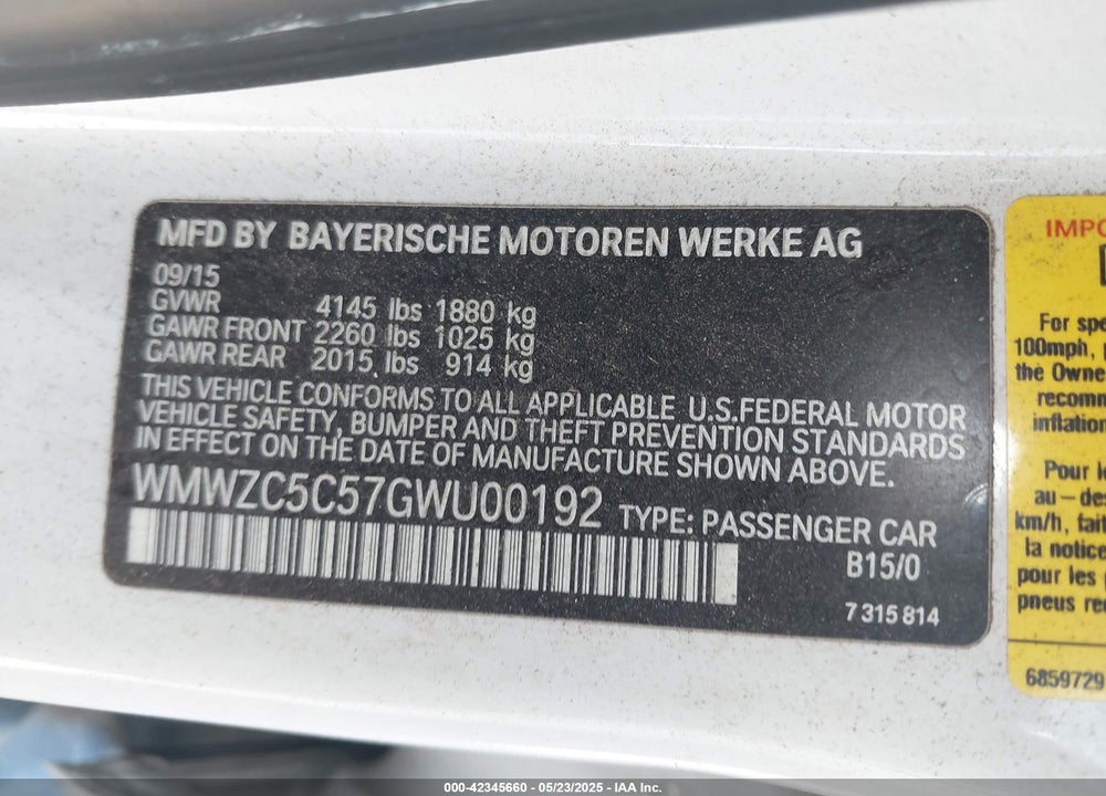 2016 MINI COOPER COUNTRYMAN VIN: WMWZC5C57GWU00192