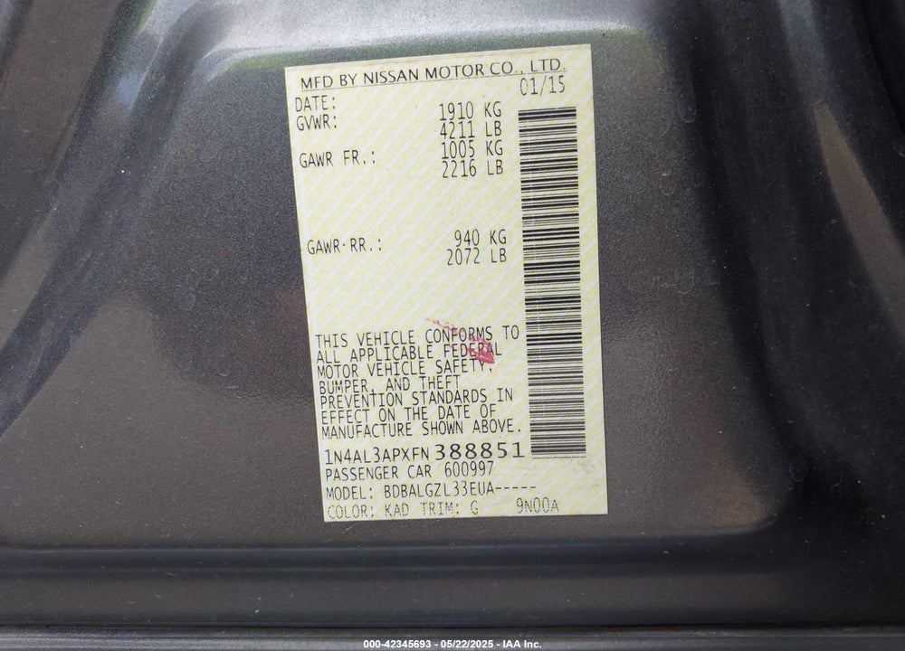 2015 NISSAN ALTIMA VIN: 1N4AL3APXFN388851