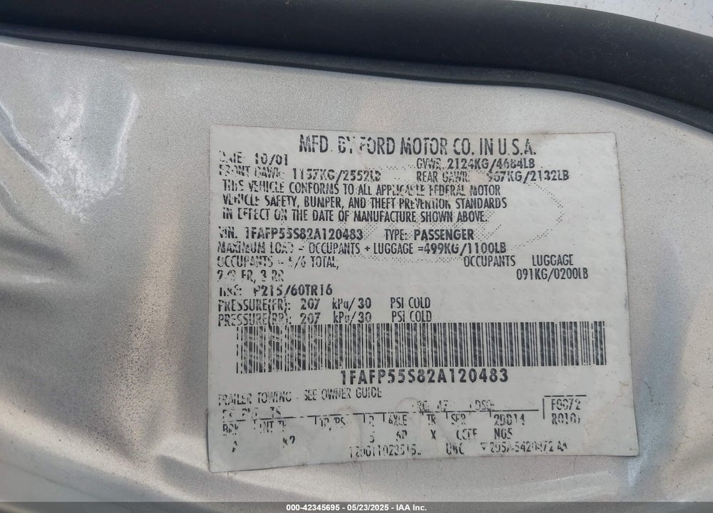 2002 FORD TAURUS SES VIN: 1FAFP55S82A120483