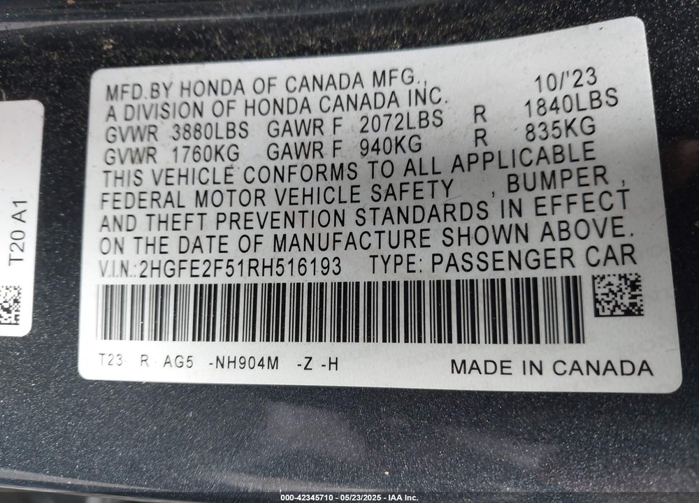 2024 HONDA CIVIC SPORT VIN: 2HGFE2F51RH516193