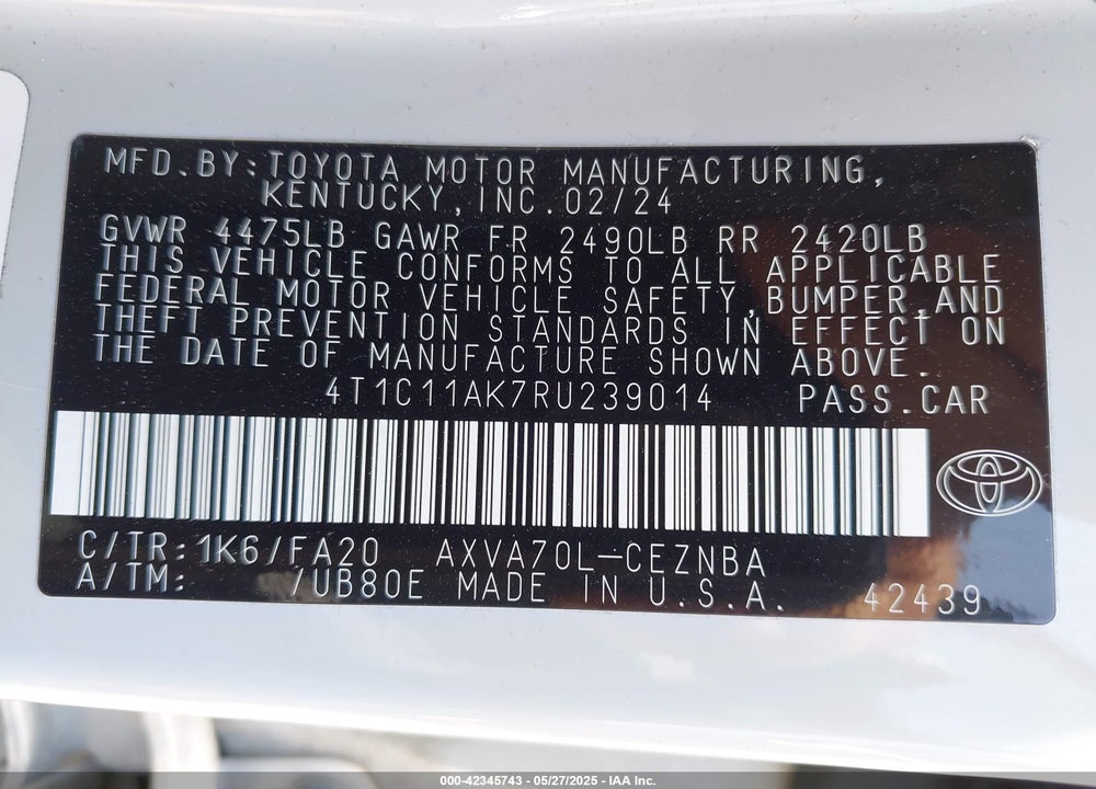 2024 TOYOTA CAMRY VIN: 4T1C11AK7RU239014