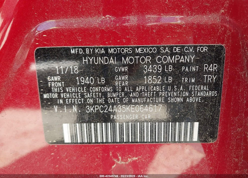 2019 HYUNDAI ACCENT SE VIN: 3KPC24A35KE064617