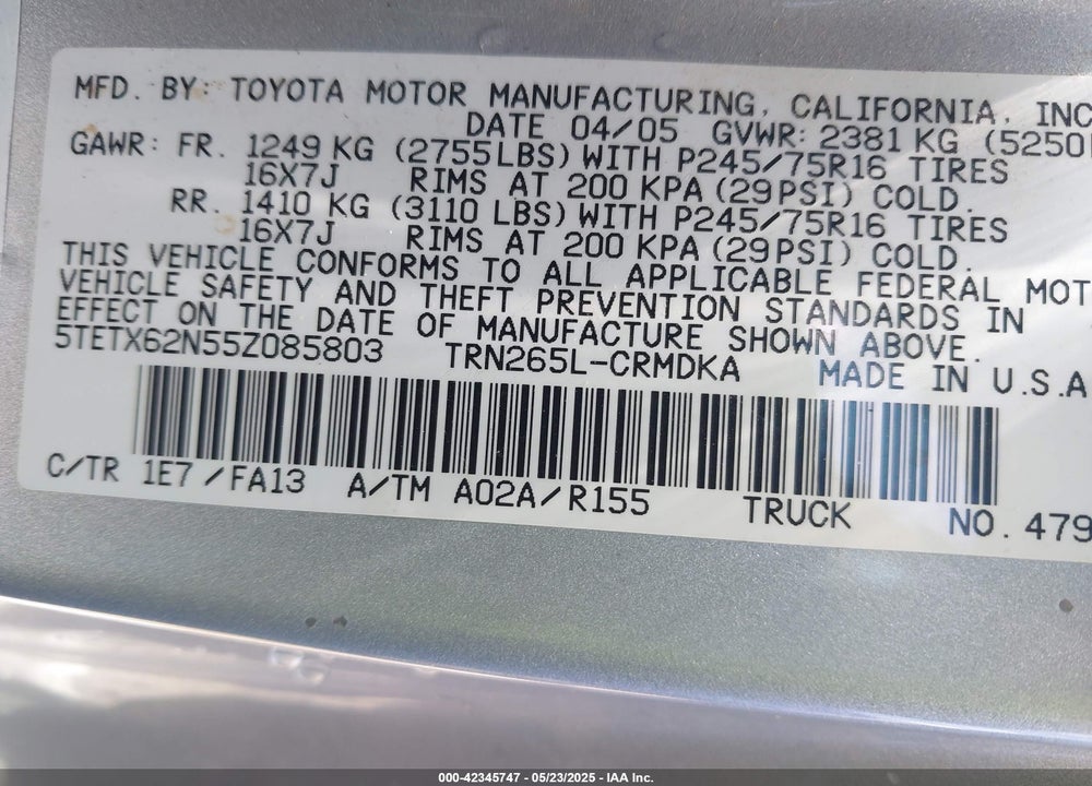 2005 TOYOTA TACOMA PRERUNNER VIN: 5TETX62N55Z085803
