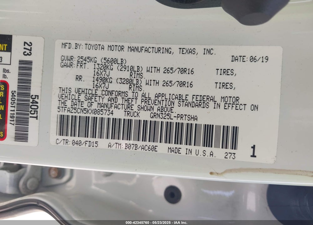 2019 TOYOTA TACOMA VIN: 5TFAZ5CN5KX085734