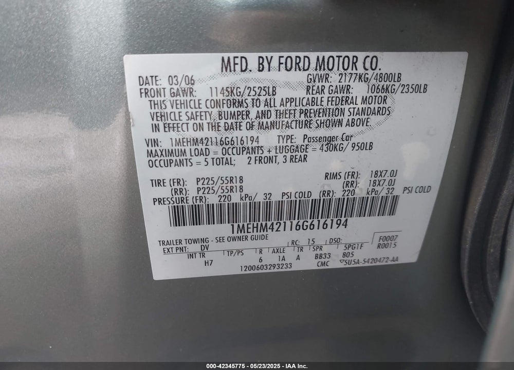 2006 MERCURY MONTEGO PREMIER VIN: 1MEHM42116G616194