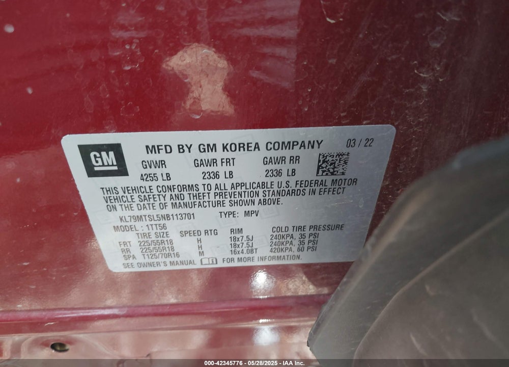 2022 CHEVROLET TRAILBLAZER VIN: KL79MTSL5NB113701
