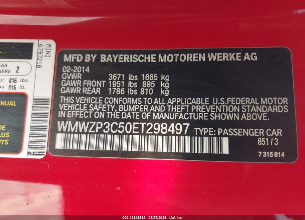 2014 MINI COOPER VIN: WMWZP3C50ET298497