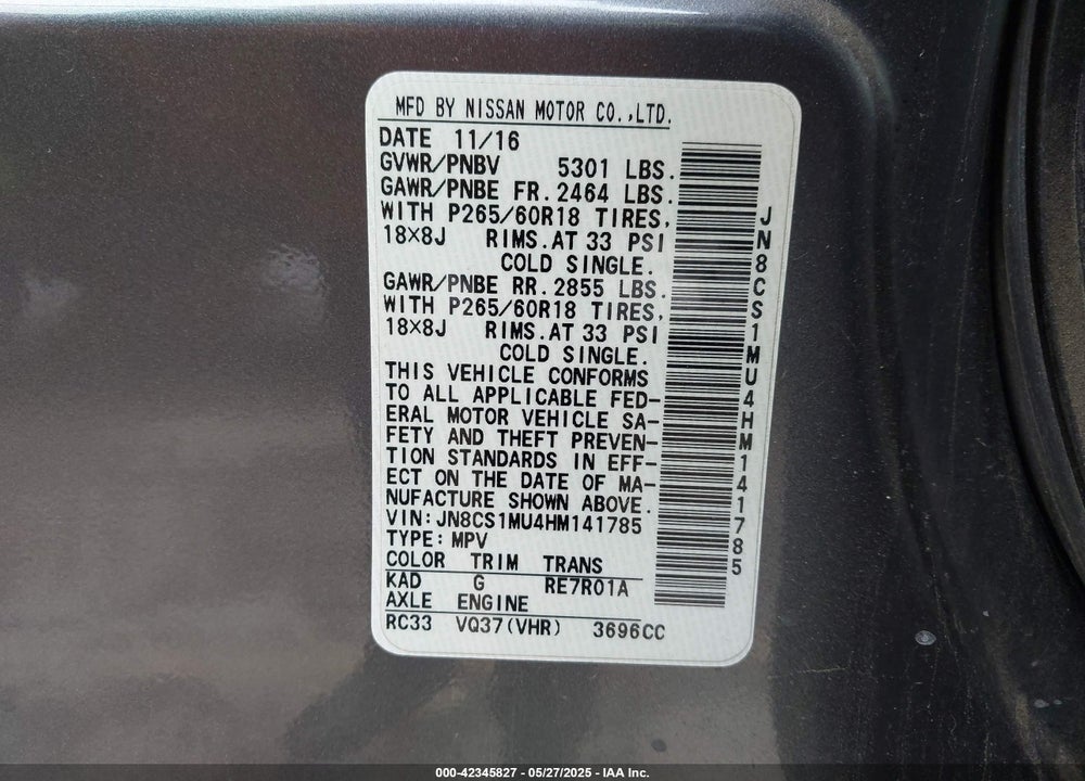 2017 INFINITI QX70 VIN: JN8CS1MU4HM141785