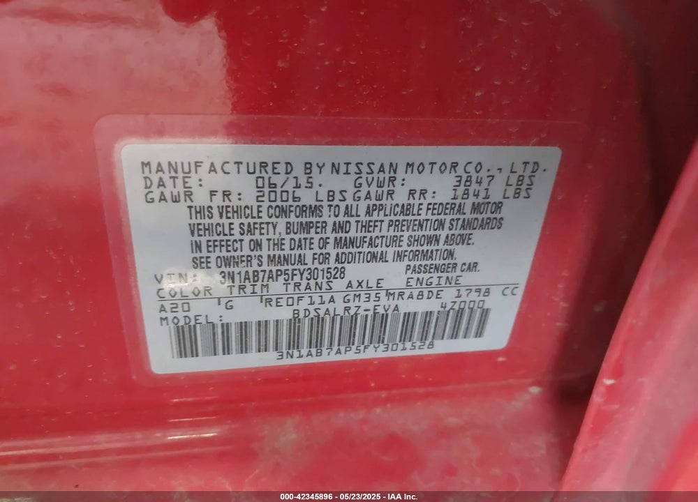2015 NISSAN SENTRA VIN: 3N1AB7AP5FY301528