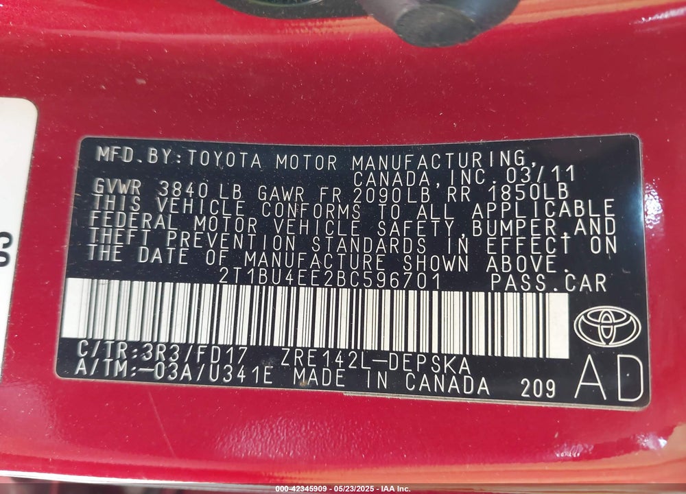 2011 TOYOTA COROLLA VIN: 2T1BU4EE2BC596701