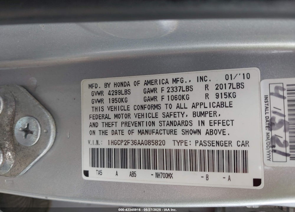 2010 HONDA ACCORD 2.4 LX VIN: 1HGCP2F36AA085820