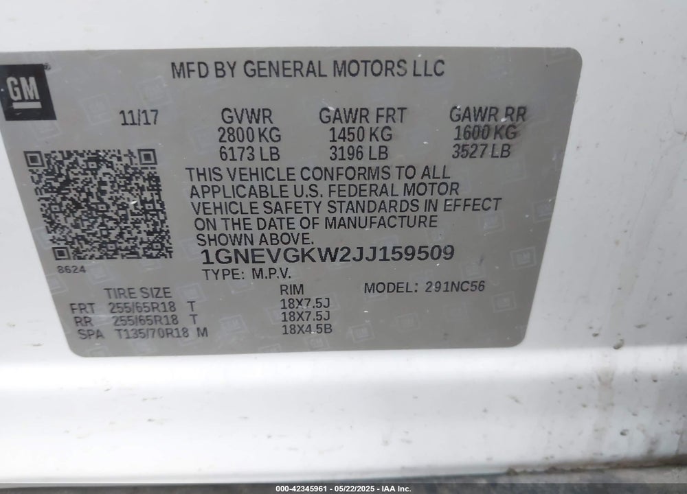 2018 CHEVROLET TRAVERSE 1LT VIN: 1GNEVGKW2JJ159509