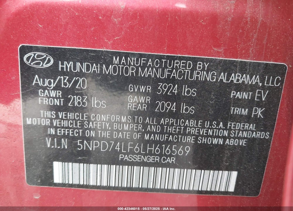 2020 HYUNDAI ELANTRA VIN: 5NPD74LF6LH616569