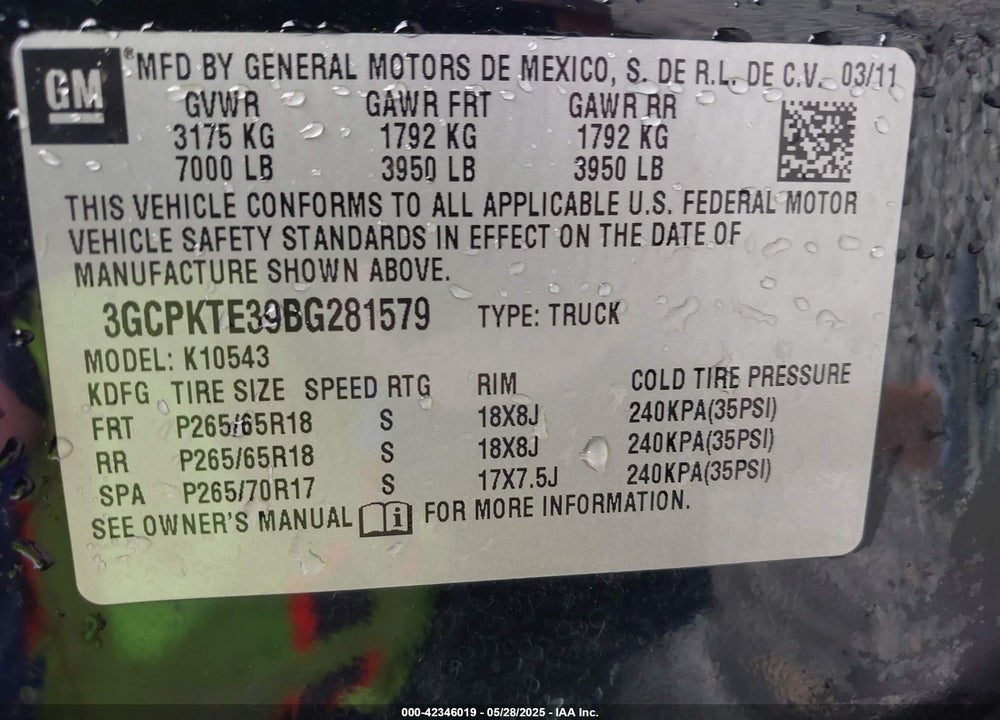 2011 CHEVROLET SILVERADO 1500 VIN: 3GCPKTE39BG281579
