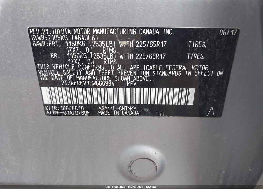 2017 TOYOTA RAV4 VIN: 2T3RFREV1HW666984