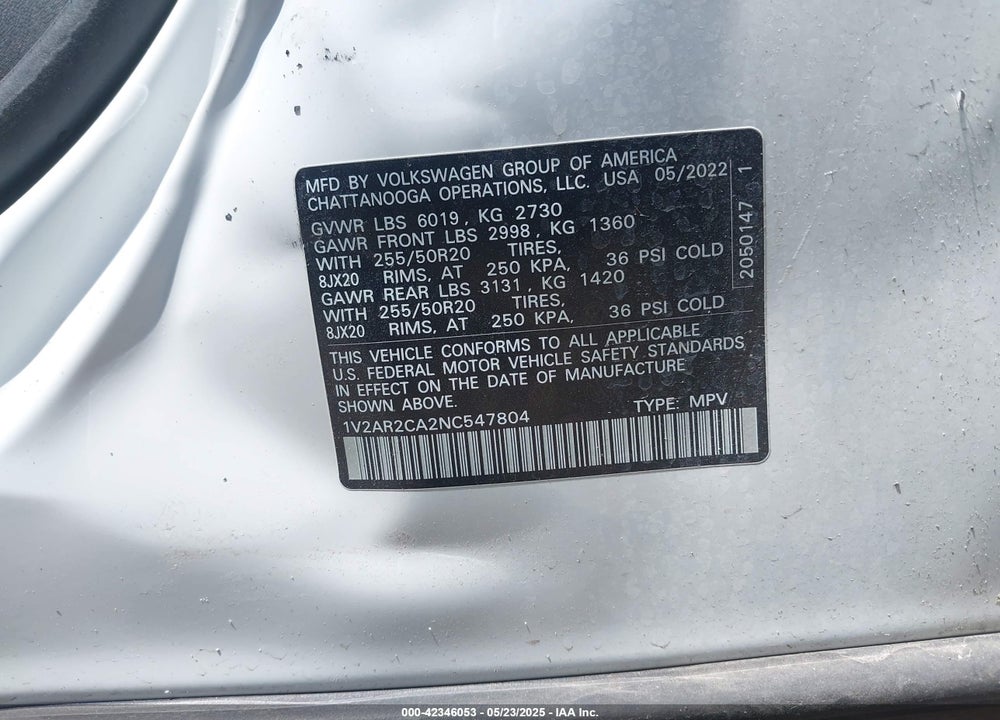 2022 VOLKSWAGEN ATLAS VIN: 1V2AR2CA2NC547804