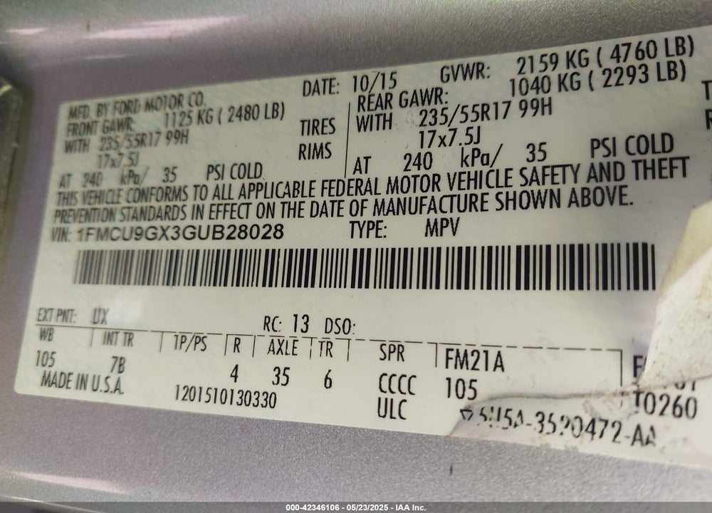 2016 FORD ESCAPE VIN: 1FMCU9GX3GUB28028