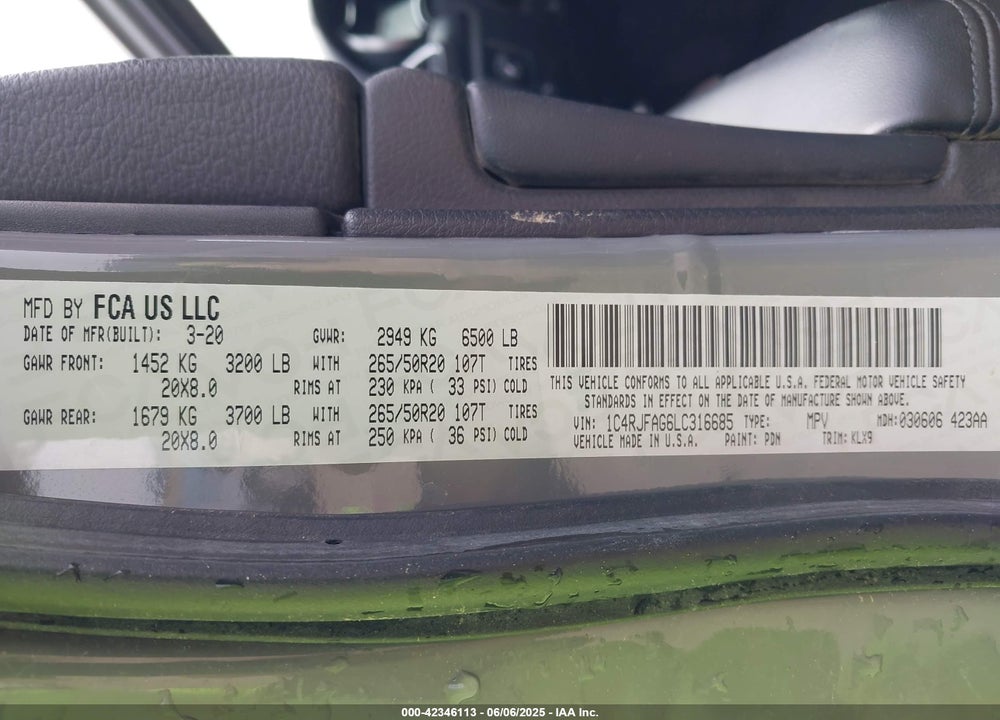 2020 JEEP GRAND CHEROKEE VIN: 1C4RJFAG6LC316685