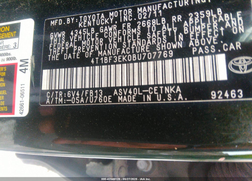 2011 TOYOTA CAMRY VIN: 4T1BF3EK0BU707769