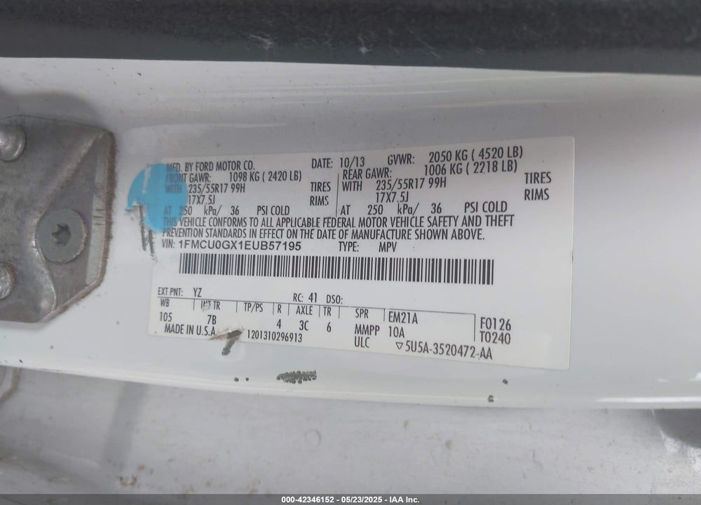 2014 FORD ESCAPE SE VIN: 1FMCU0GX1EUB57195