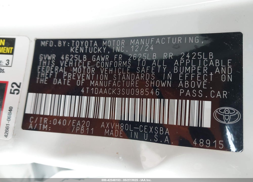 2025 TOYOTA CAMRY VIN: 4T1DAACK3SU098546