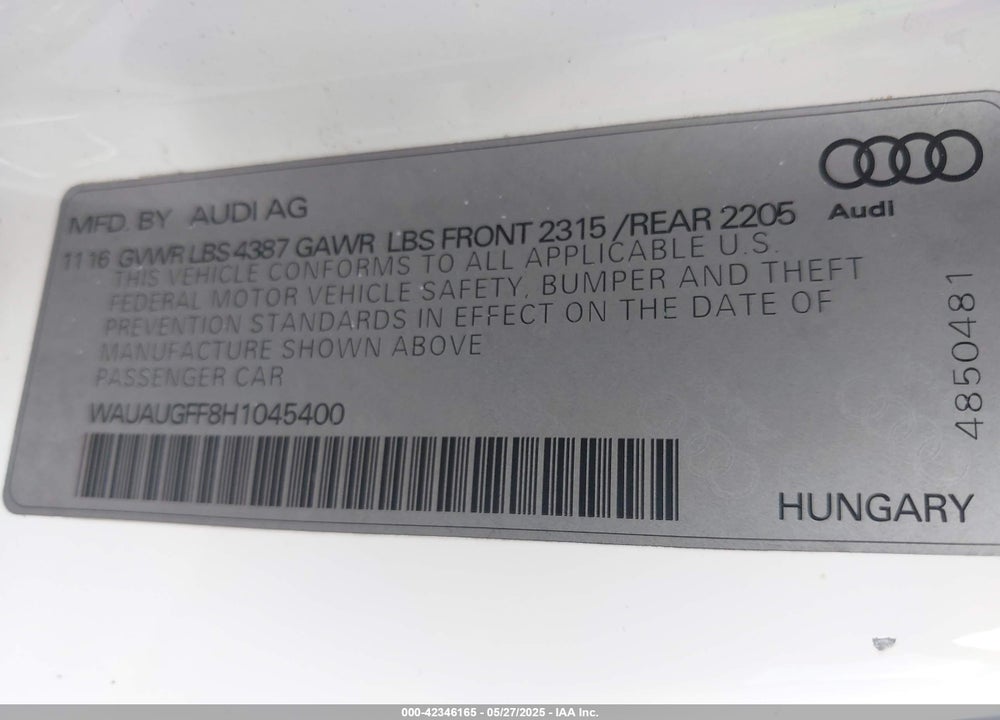 2017 AUDI A3 VIN: WAUAUGFF8H1045400