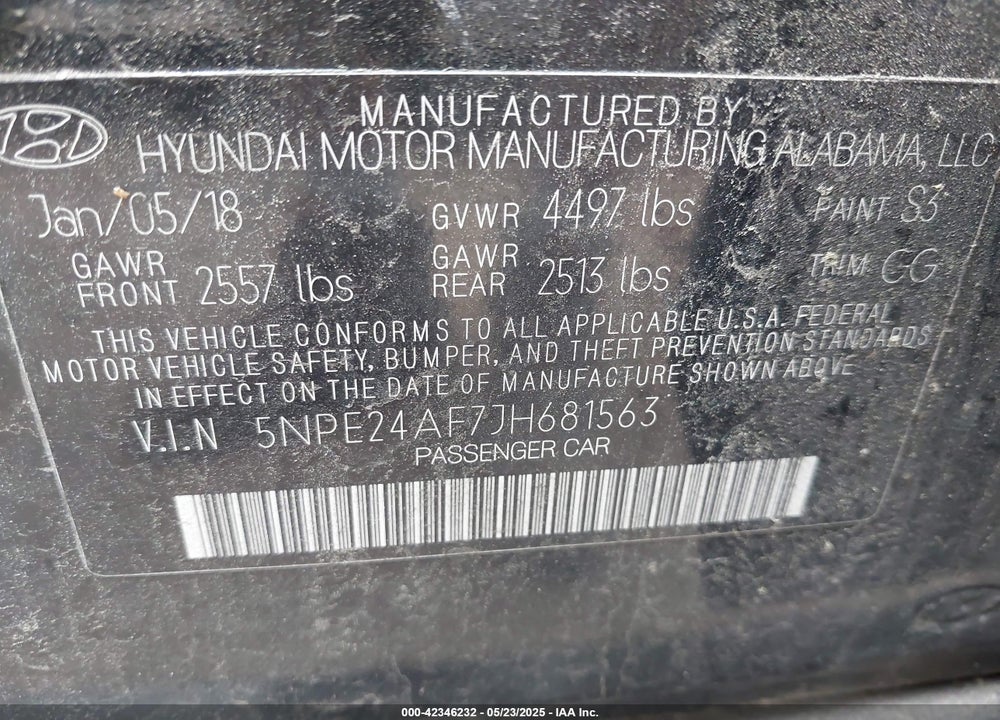 2018 HYUNDAI SONATA SE VIN: 5NPE24AF7JH681563