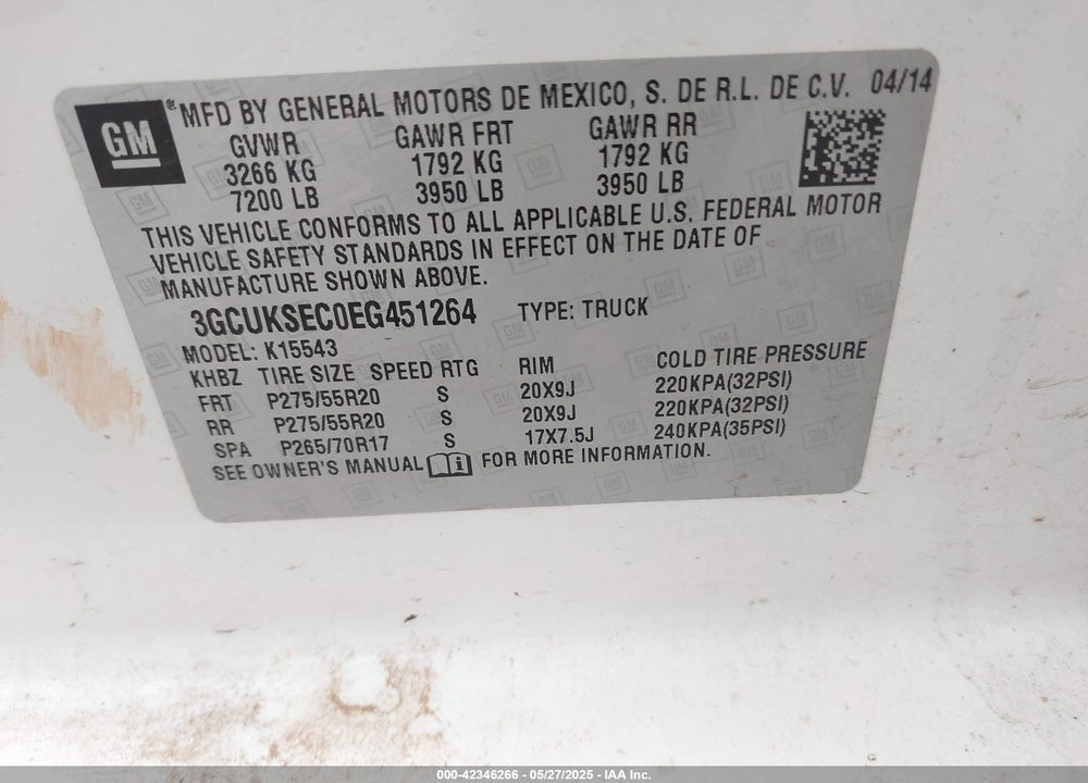 2014 CHEVROLET SILVERADO 1500 VIN: 3GCUKSEC0EG451264