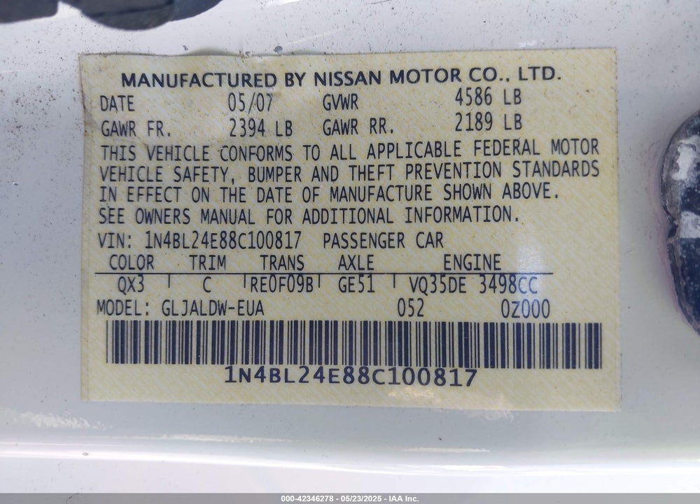 2008 NISSAN ALTIMA VIN: 1N4BL24E88C100817