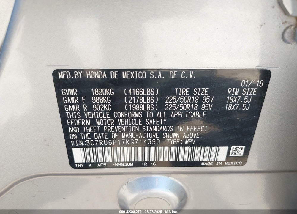 2019 HONDA HR-V SPORT VIN: 3CZRU6H17KG714390