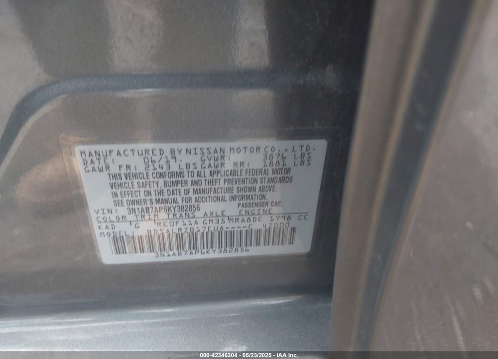 2019 NISSAN SENTRA SR VIN: 3N1AB7AP6KY382856