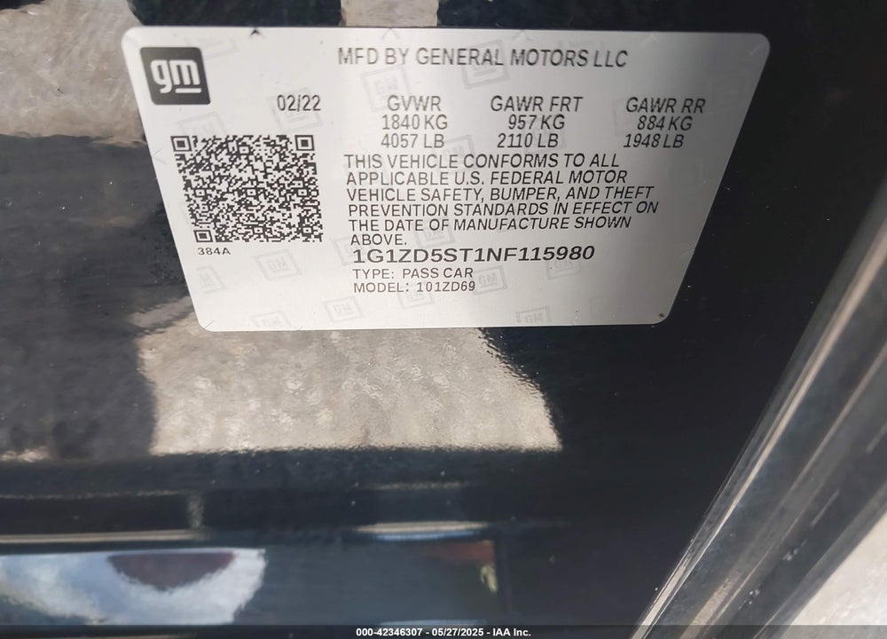 2022 CHEVROLET MALIBU VIN: 1G1ZD5ST1NF115980